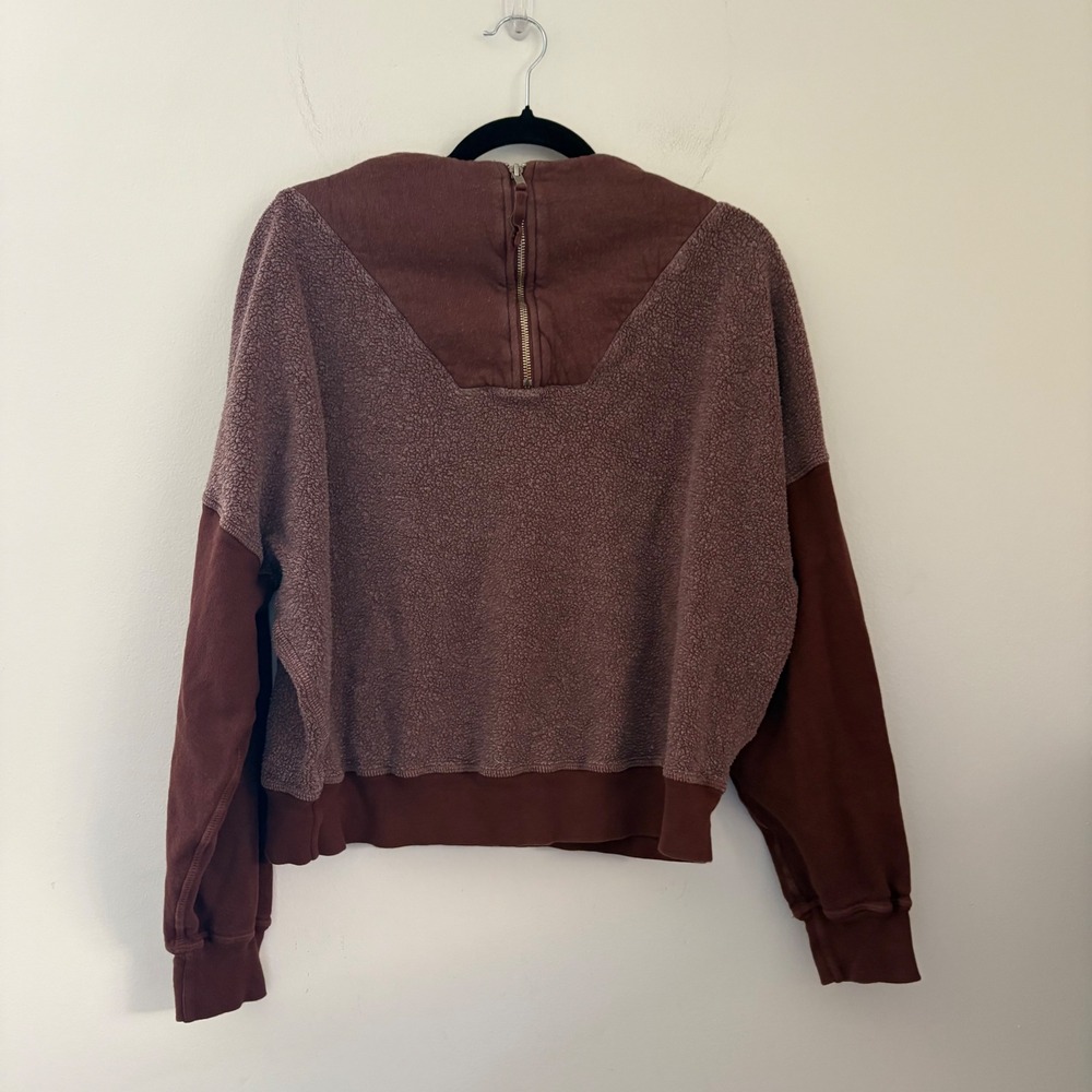 THE GREAT. Mixed Media Sherpa Fleece Back‎ Zip Sweatshirt Burgundy Mauve Size 2